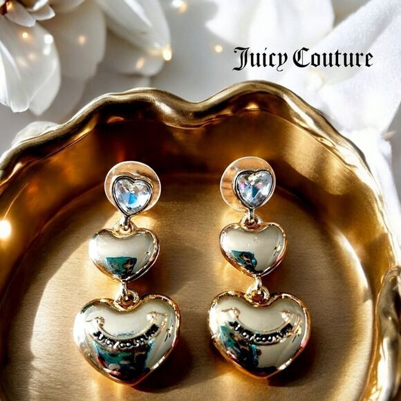 JUICY COUTURE Gold Heart Drop Earrings with Crystal Accents SEASIDE SOIREE STYLE - Picture 1 of 6